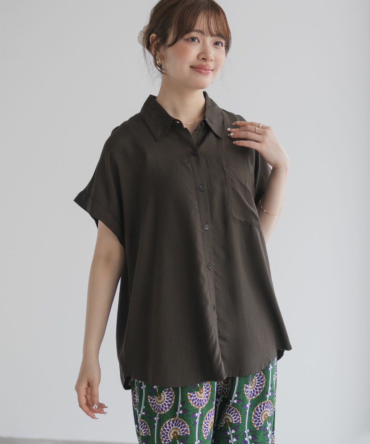 Howdy Marie インドファブリック 前開きフレンチスリーブシャツ レディース