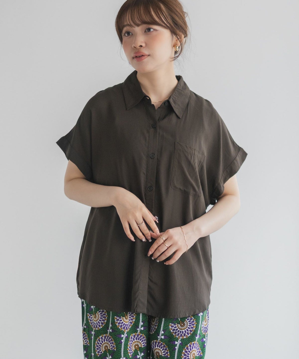 Howdy Marie インドファブリック 前開きフレンチスリーブシャツ レディース