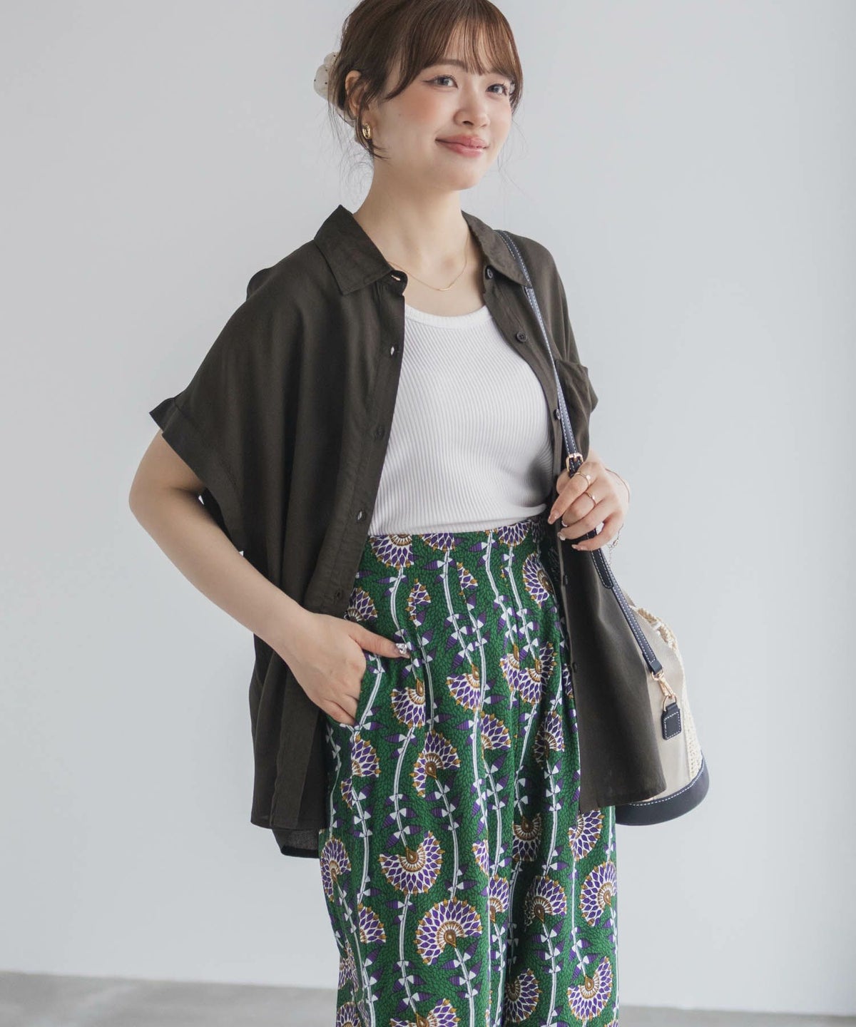 Howdy Marie インドファブリック 前開きフレンチスリーブシャツ レディース