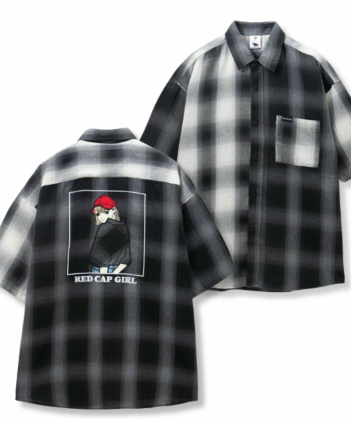 RED CAP GIRL ルーズサイズバックイラストオンブレーチェック半袖シャツ メンズ