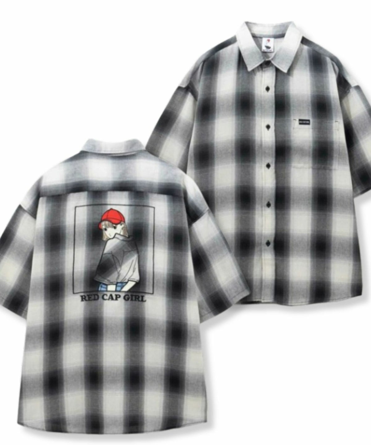 RED CAP GIRL ルーズサイズバックイラストオンブレーチェック半袖シャツ メンズ