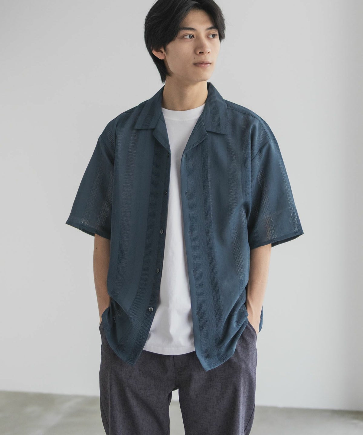 URBAN COLLECTION カラミ織りストライプ オープンカラーシャツ メンズ