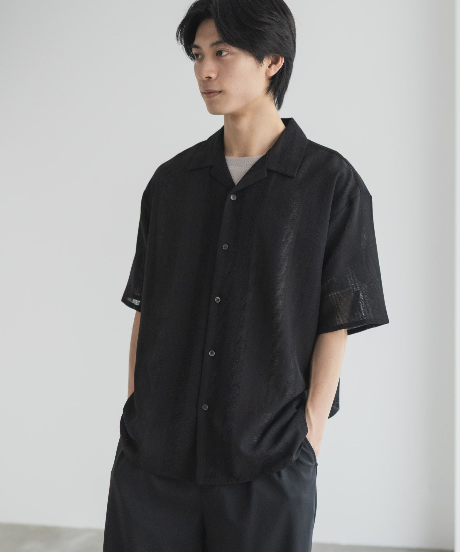 URBAN COLLECTION カラミ織りストライプ オープンカラーシャツ メンズ