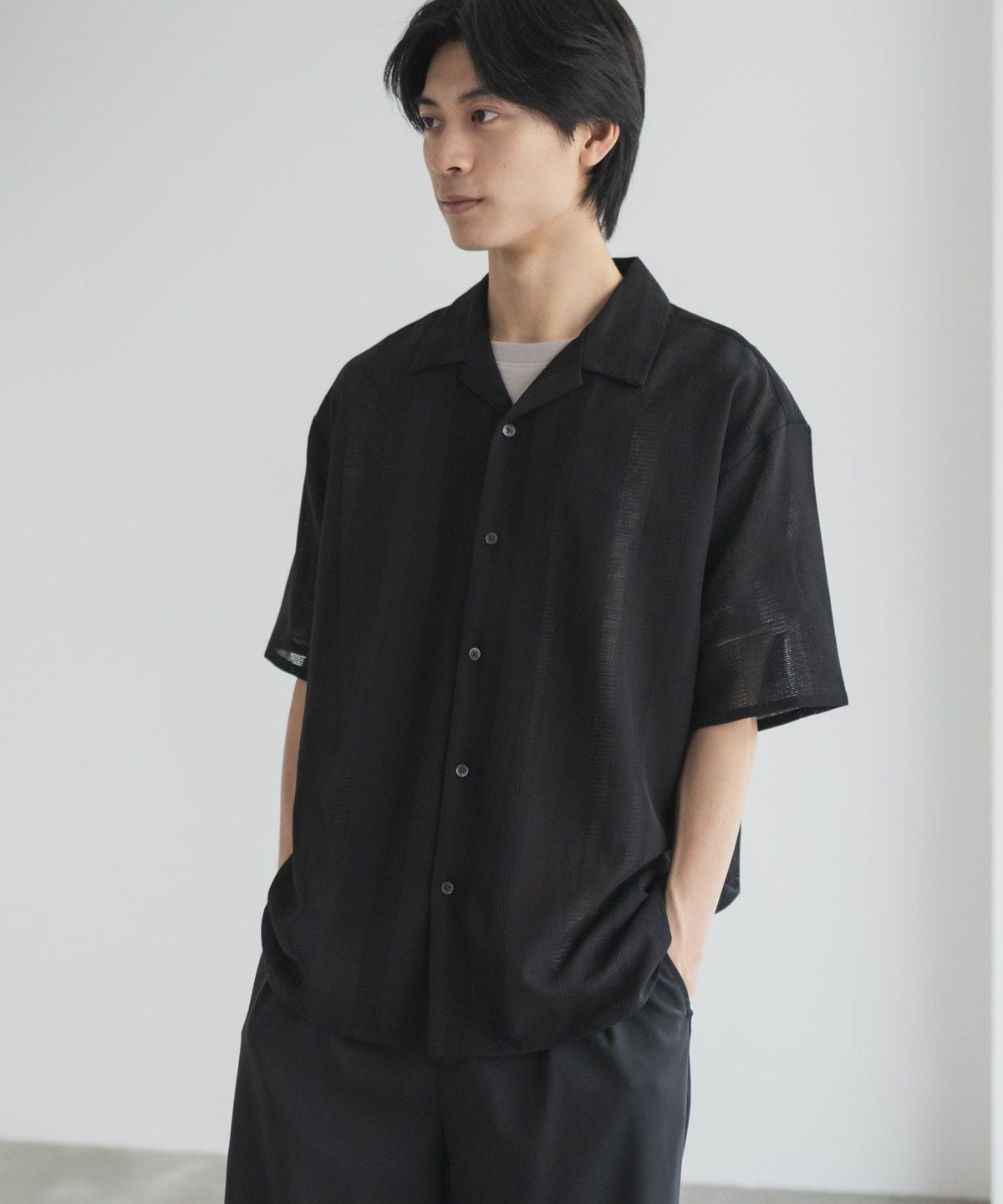 URBAN COLLECTION カラミ織りストライプ オープンカラーシャツ メンズ