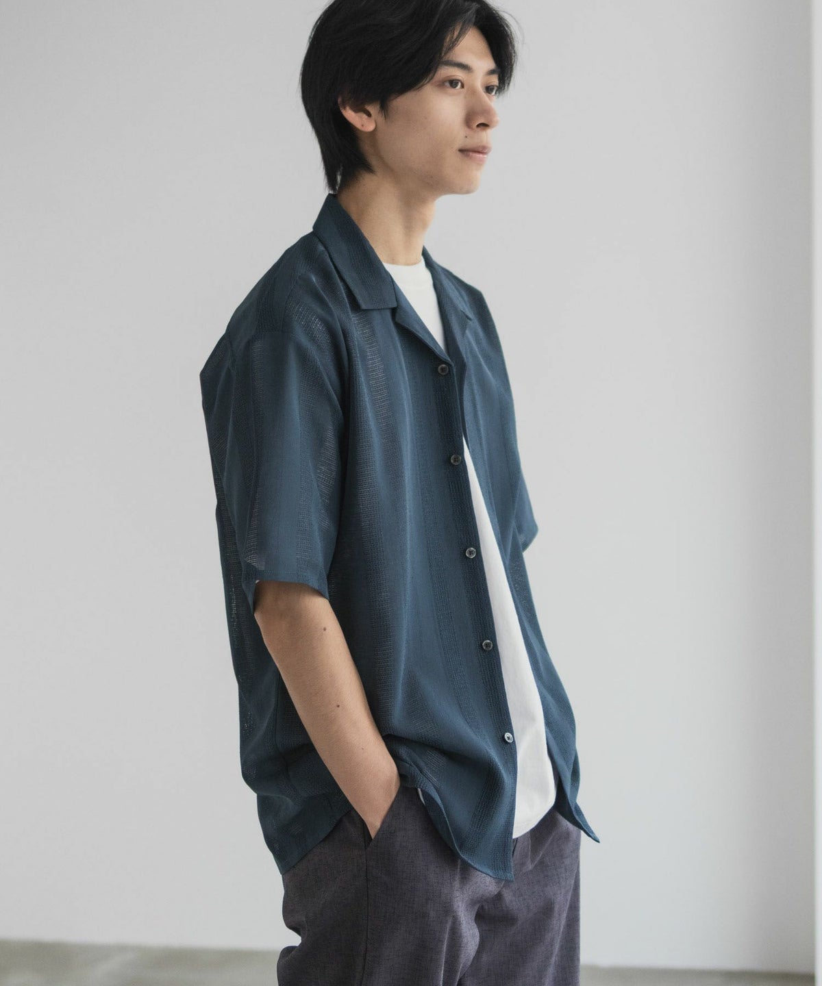 URBAN COLLECTION カラミ織りストライプ オープンカラーシャツ メンズ