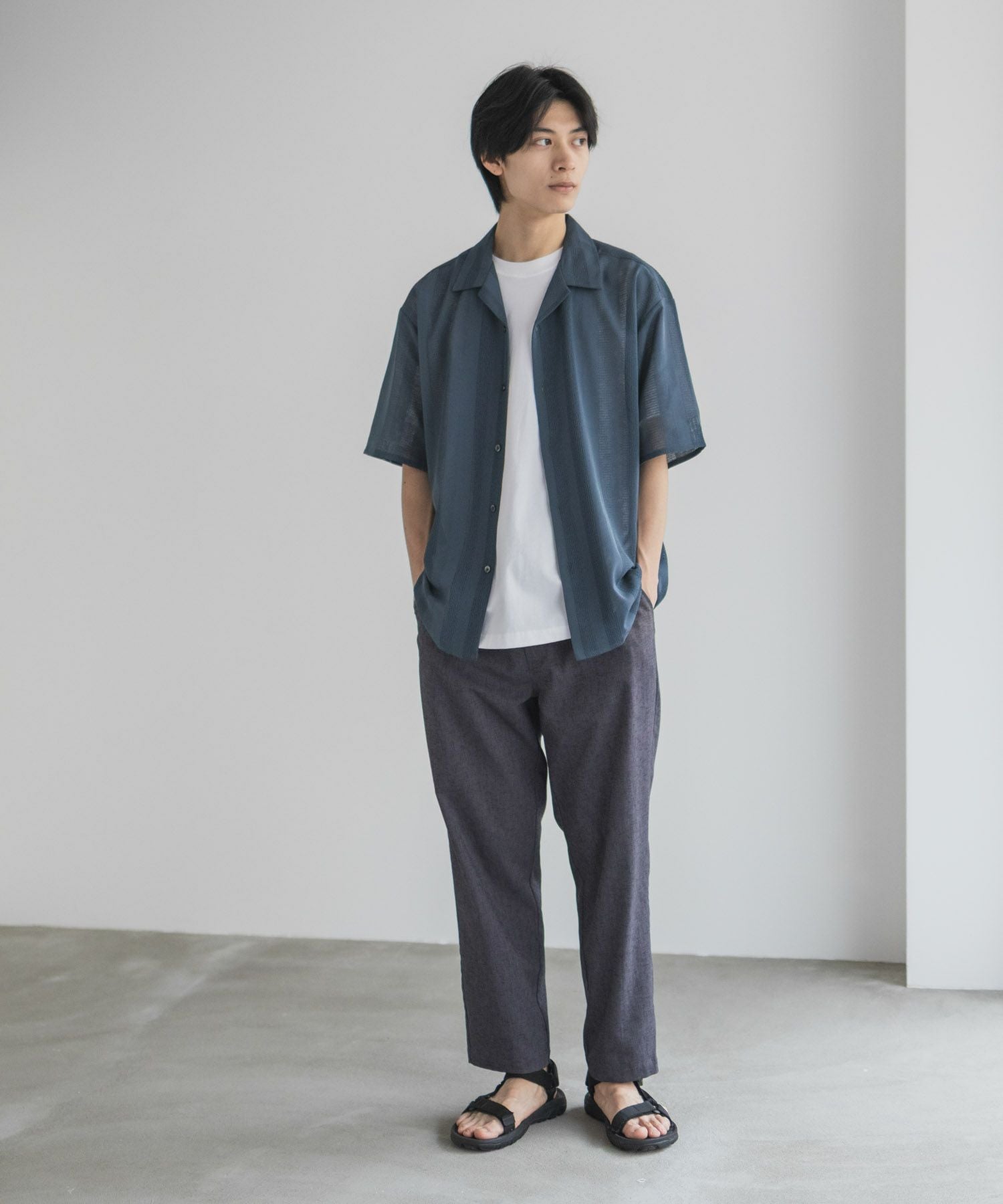 URBAN COLLECTION カラミ織りストライプ オープンカラーシャツ メンズ