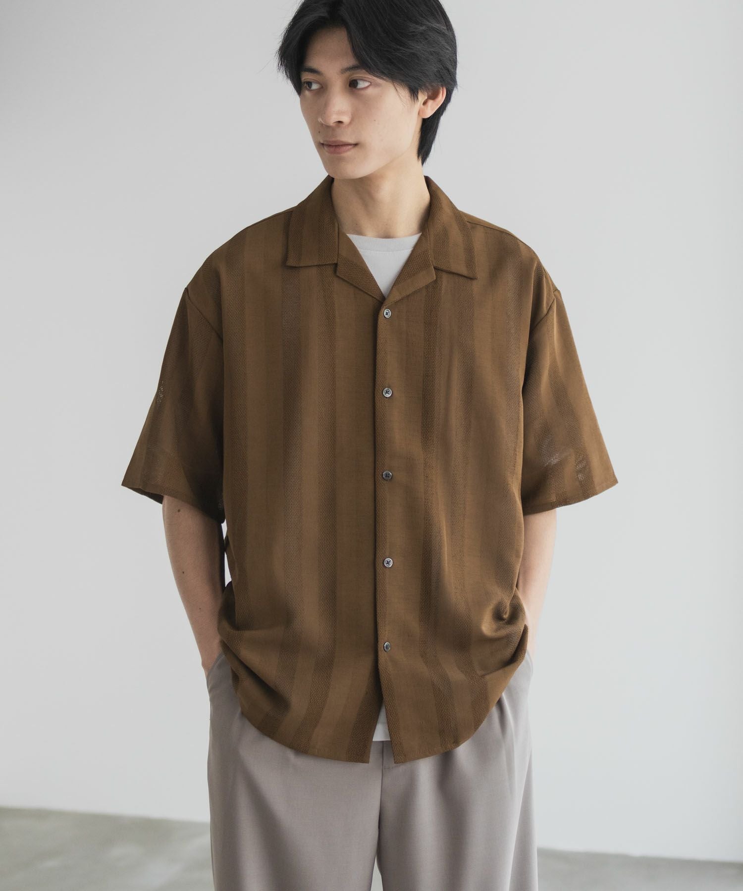 URBAN COLLECTION カラミ織りストライプ オープンカラーシャツ メンズ