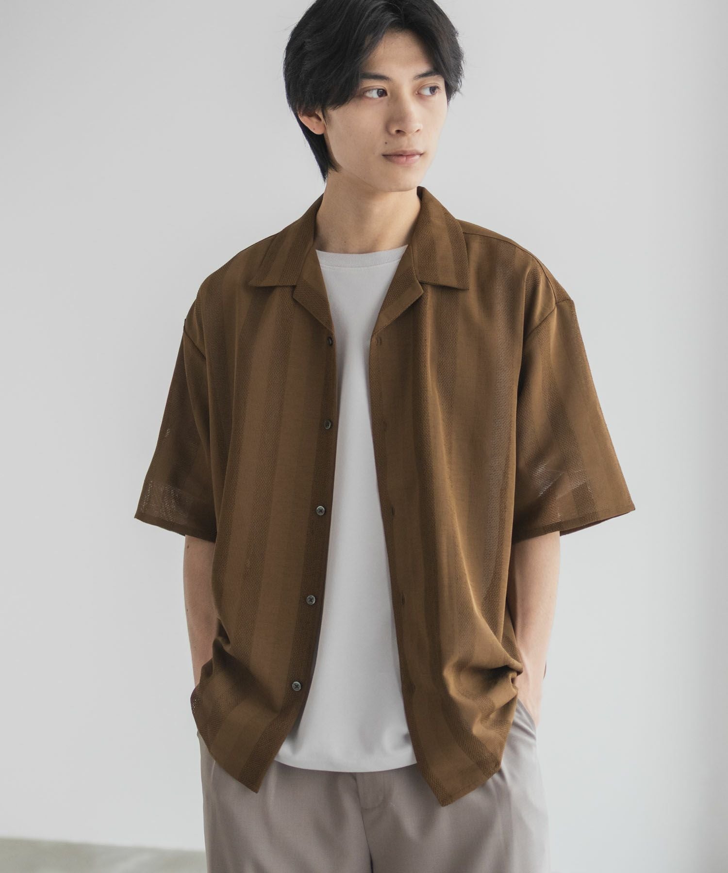 URBAN COLLECTION カラミ織りストライプ オープンカラーシャツ メンズ