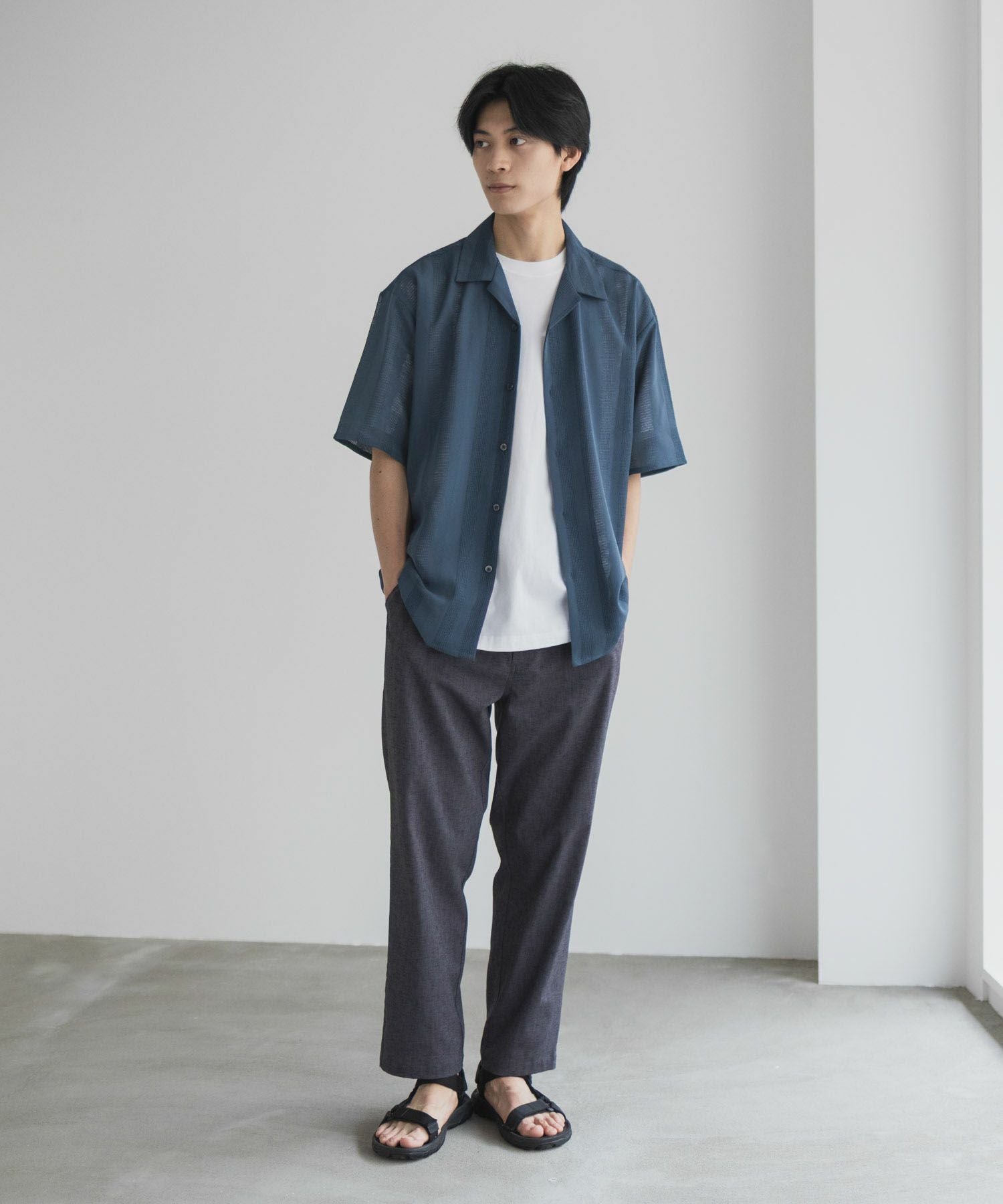 URBAN COLLECTION カラミ織りストライプ オープンカラーシャツ メンズ