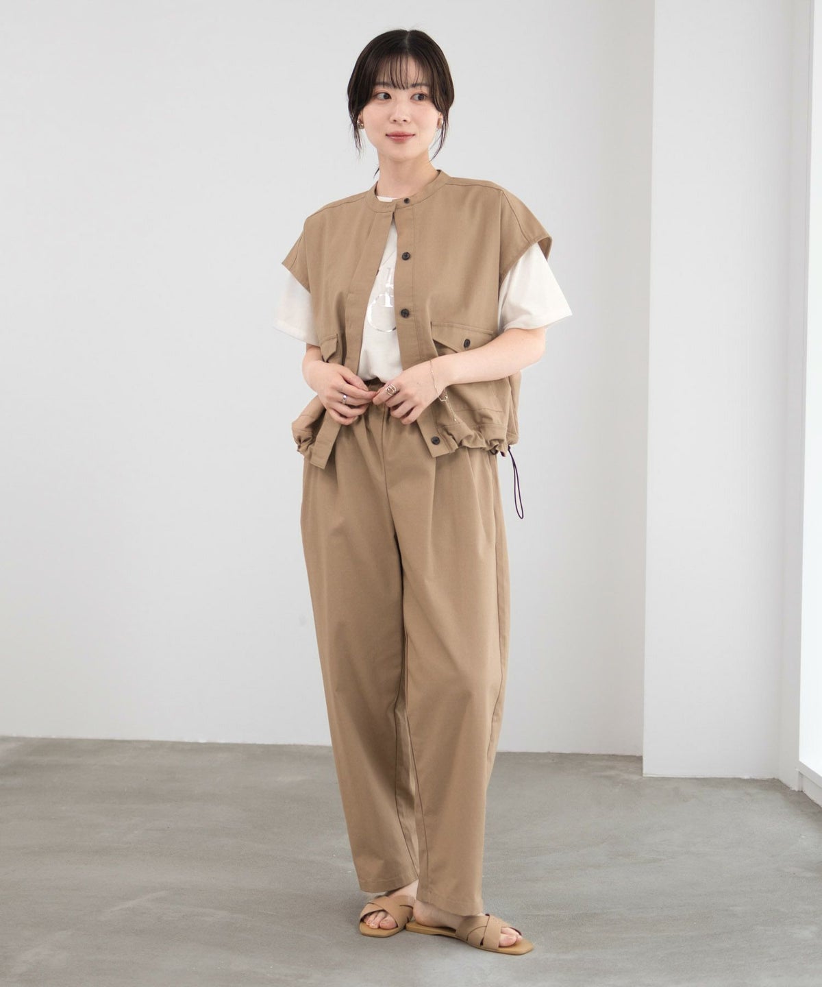 Idnes リネンライクノーカラージャケット レディース