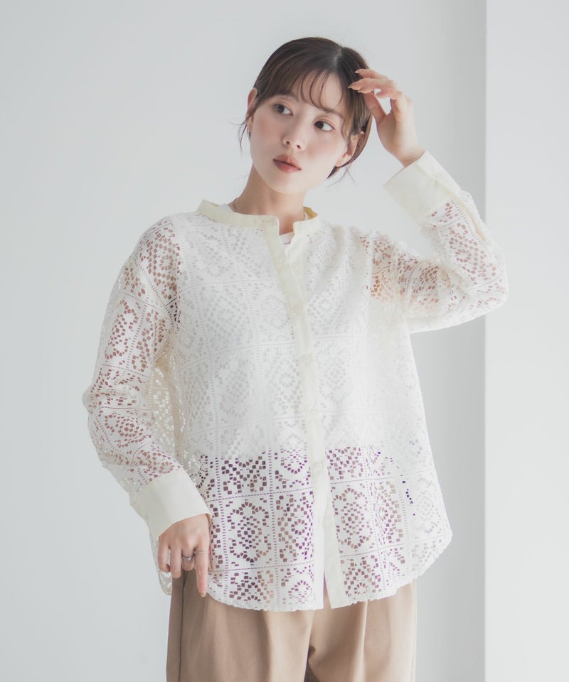 Idnes クロシェライクレース羽織ノーカラーシャツ レディース商品画像-2