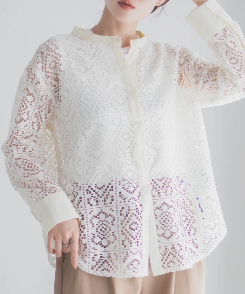 Idnes クロシェライクレース羽織ノーカラーシャツ レディース商品画像-2