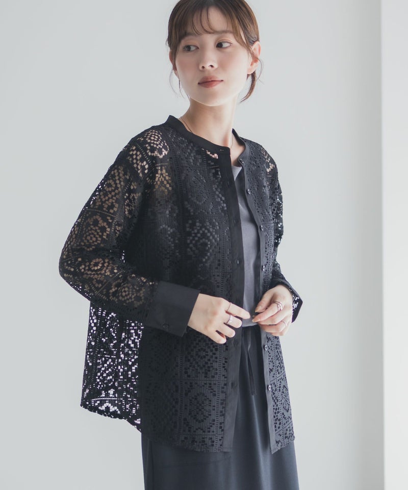 Idnes クロシェライクレース羽織ノーカラーシャツ レディース商品画像-3
