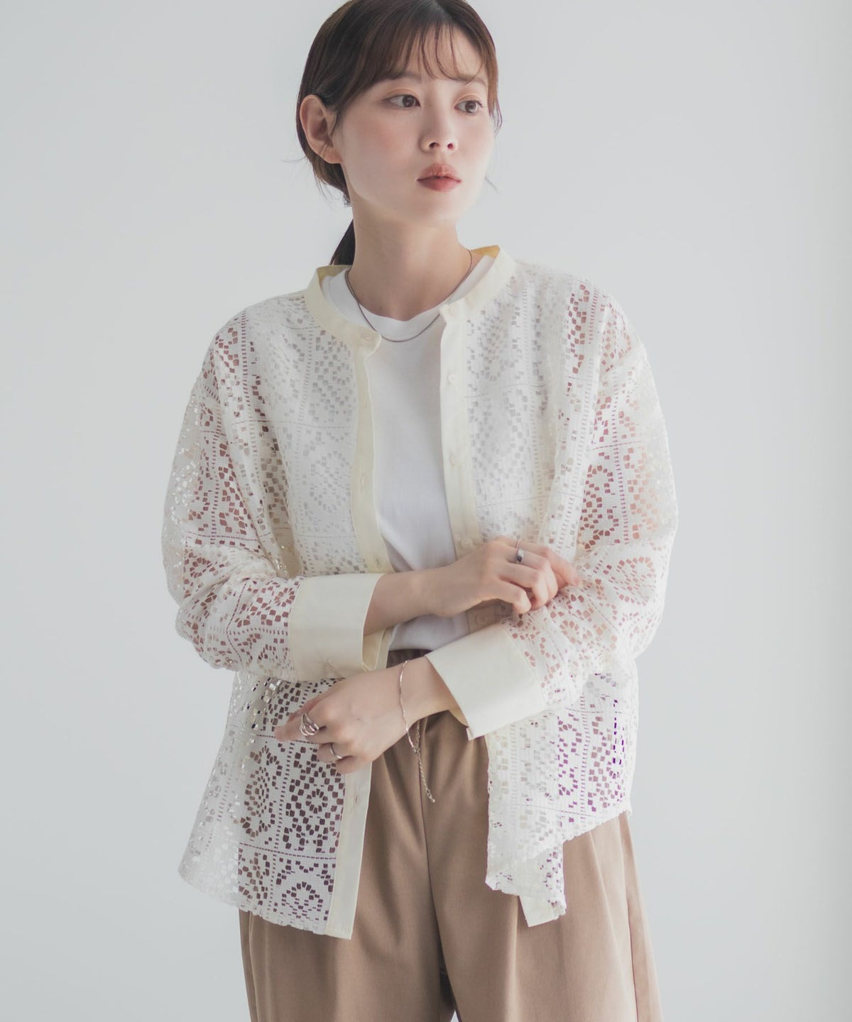 Idnes クロシェライクレース羽織ノーカラーシャツ レディース