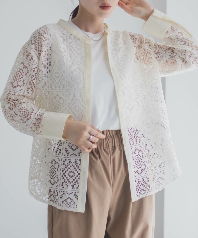 Idnes クロシェライクレース羽織ノーカラーシャツ レディース商品画像-6