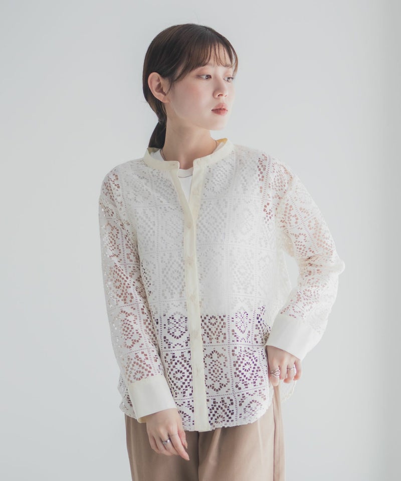 Idnes クロシェライクレース羽織ノーカラーシャツ レディース商品画像-7