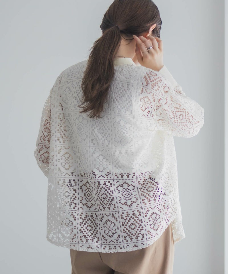 Idnes クロシェライクレース羽織ノーカラーシャツ レディース商品画像-10