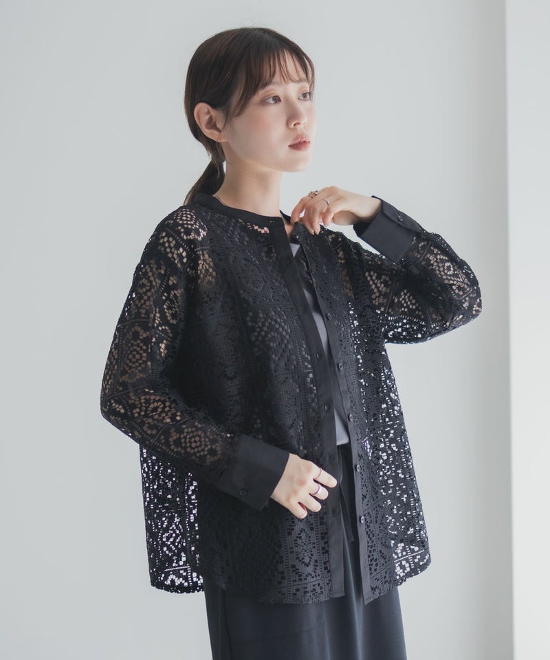 Idnes クロシェライクレース羽織ノーカラーシャツ レディース商品画像-12