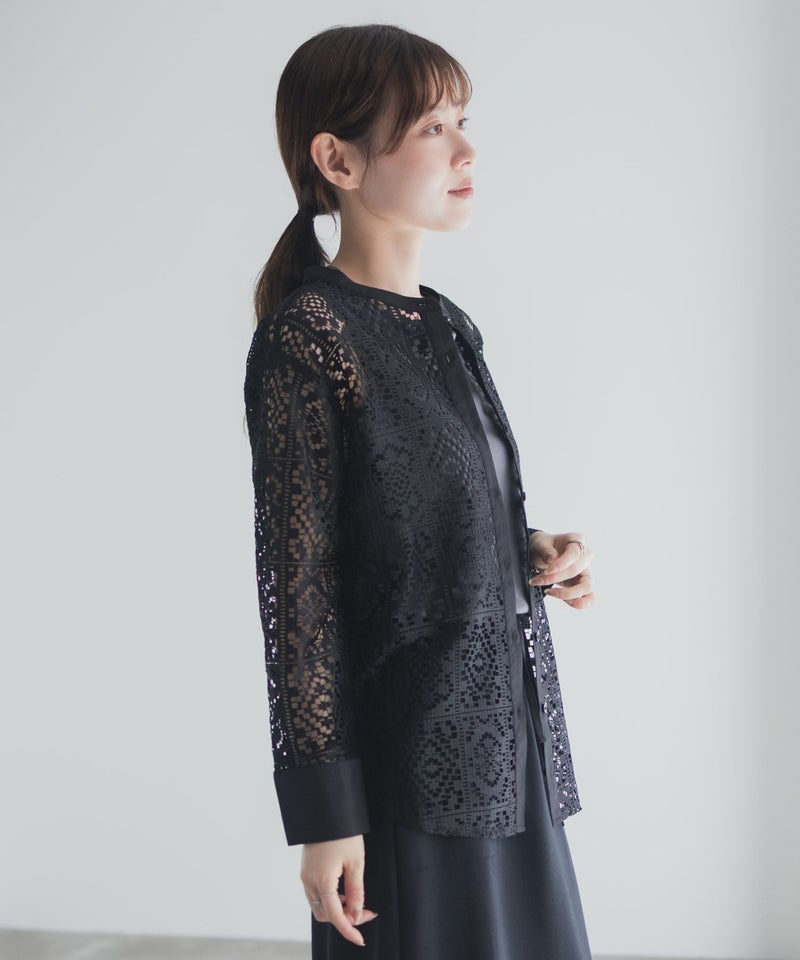 Idnes クロシェライクレース羽織ノーカラーシャツ レディース商品画像-15