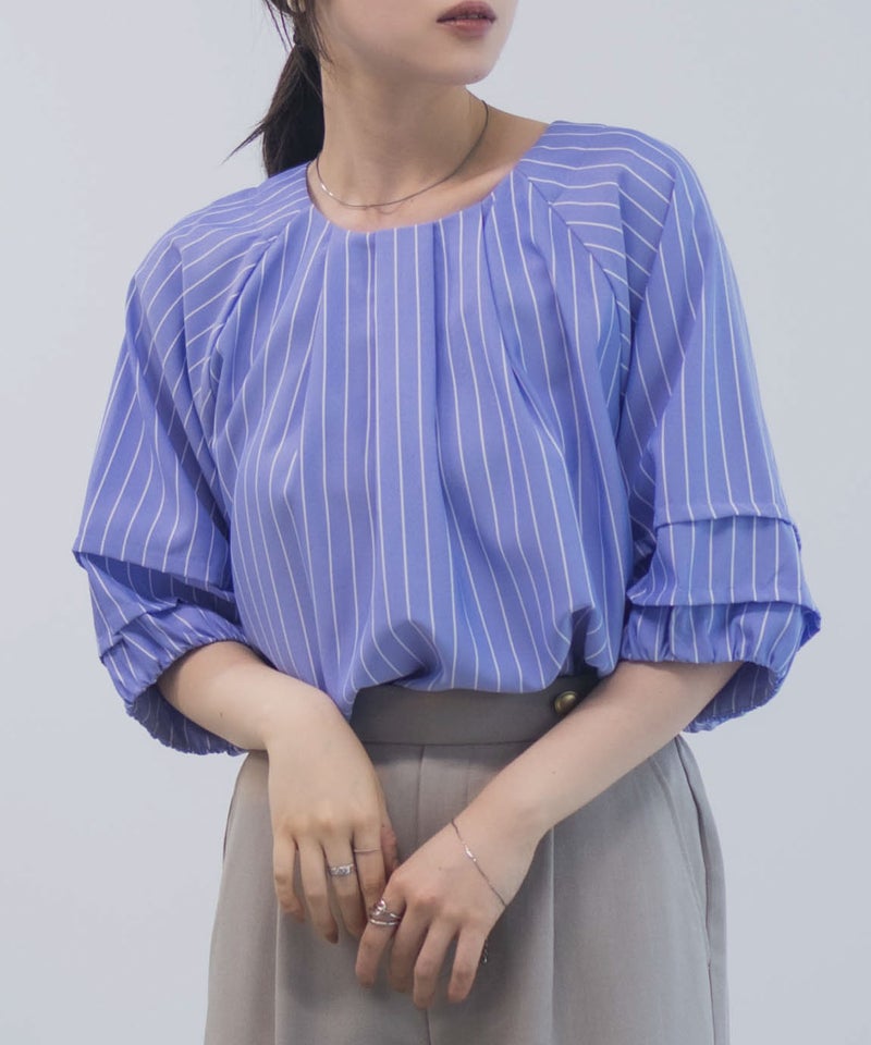 Idnes 袖タックストライプブラウス レディース商品画像-2