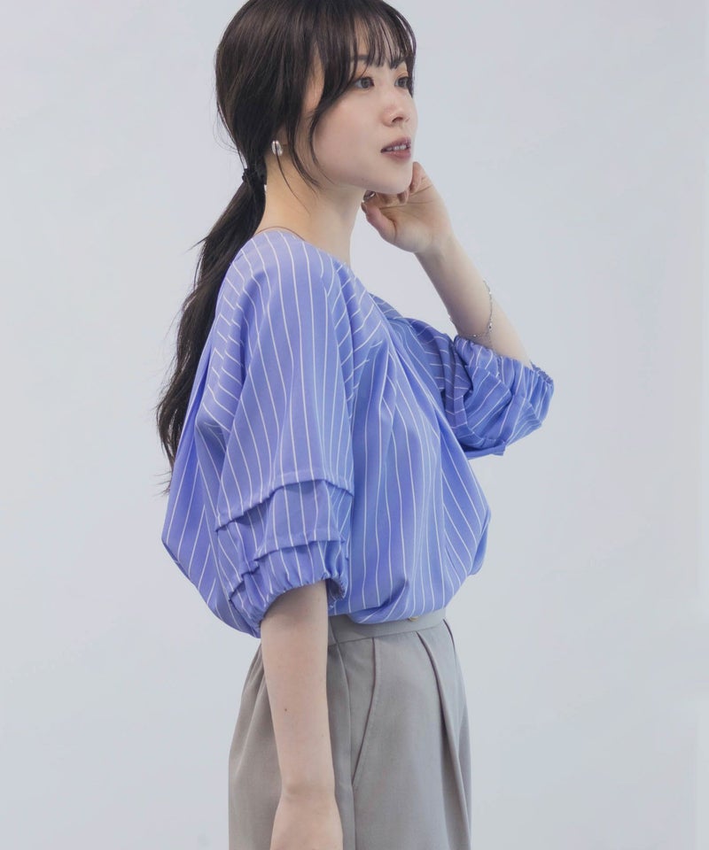 Idnes 袖タックストライプブラウス レディース商品画像-11