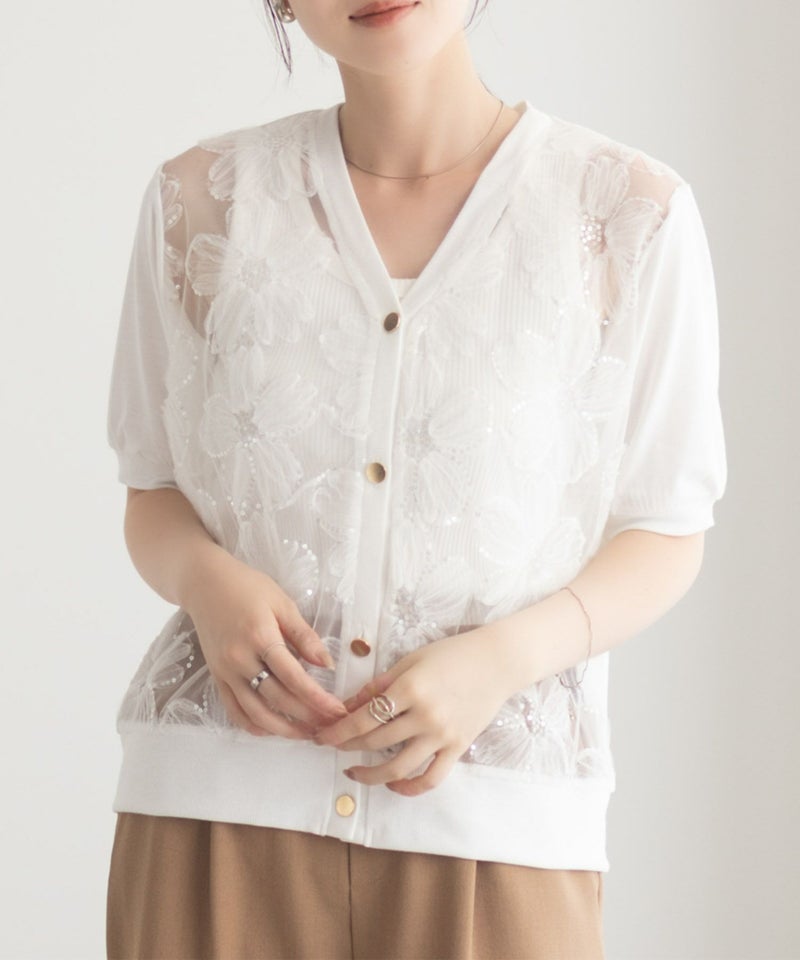 [期間限定knit]Idnes フラワーチュールハーフスリーブカーディガン レディース商品画像-2