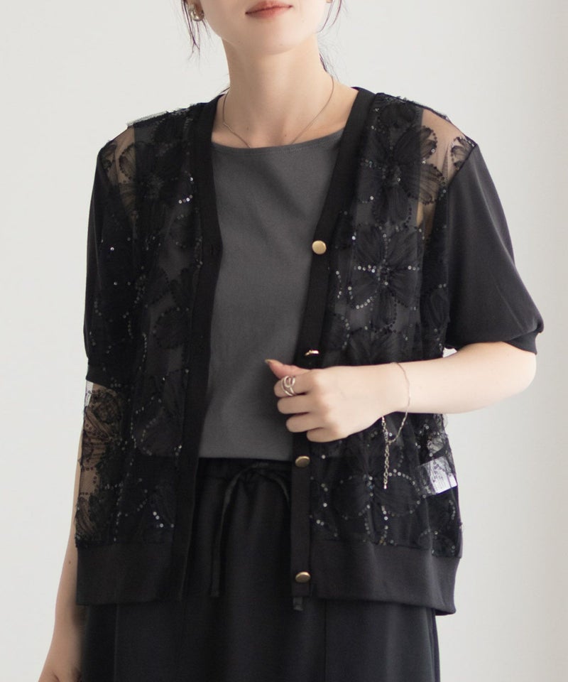 [期間限定knit]Idnes フラワーチュールハーフスリーブカーディガン レディース商品画像-3