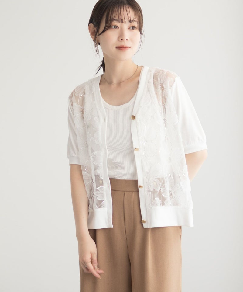 [期間限定knit]Idnes フラワーチュールハーフスリーブカーディガン レディース商品画像-5