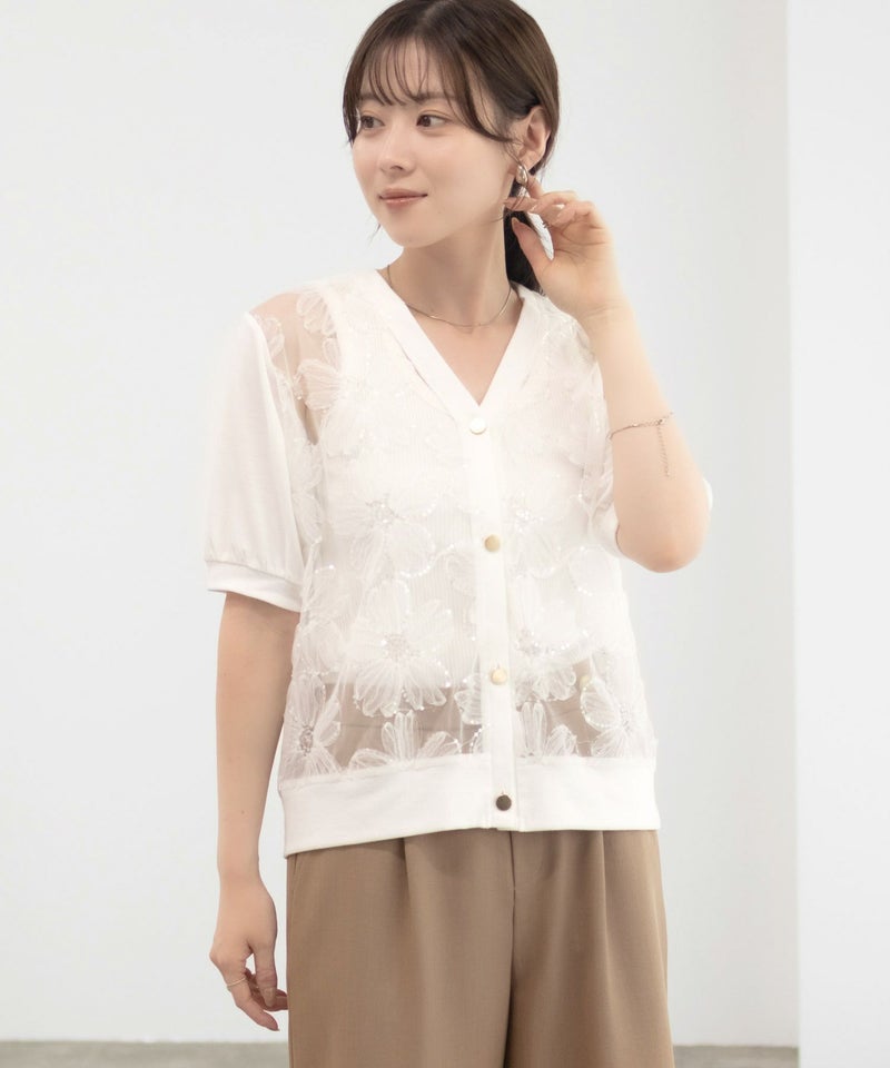 [期間限定knit]Idnes フラワーチュールハーフスリーブカーディガン レディース商品画像-6