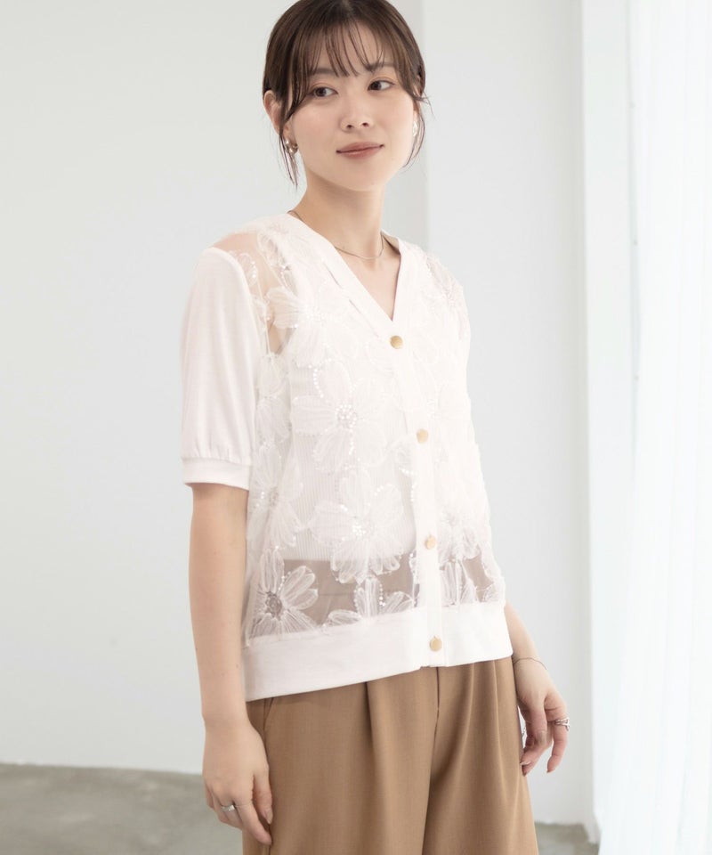 [期間限定knit]Idnes フラワーチュールハーフスリーブカーディガン レディース商品画像-7