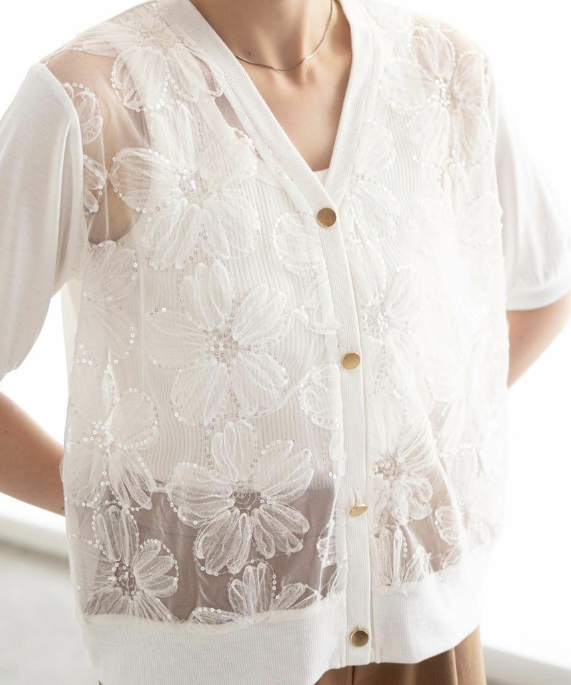 [期間限定knit]Idnes フラワーチュールハーフスリーブカーディガン レディース商品画像-8