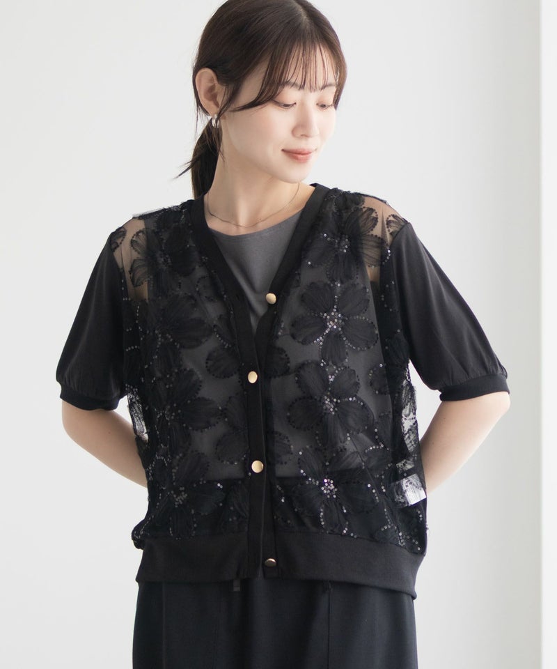 [期間限定knit]Idnes フラワーチュールハーフスリーブカーディガン レディース商品画像-13