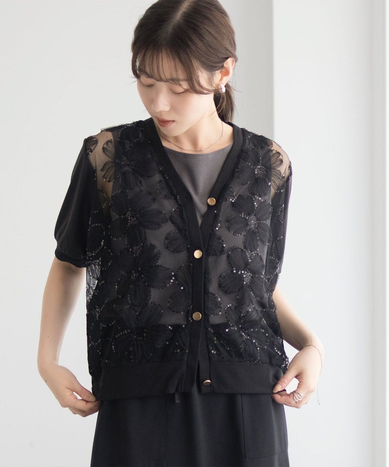 [期間限定knit]Idnes フラワーチュールハーフスリーブカーディガン レディース商品画像-15