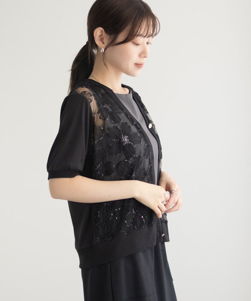 [期間限定knit]Idnes フラワーチュールハーフスリーブカーディガン レディース商品画像-16