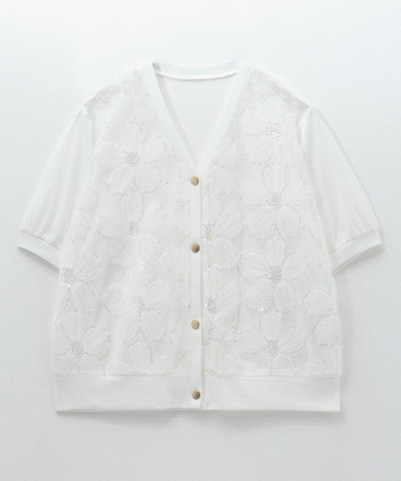 [期間限定knit]Idnes フラワーチュールハーフスリーブカーディガン レディース商品画像-20