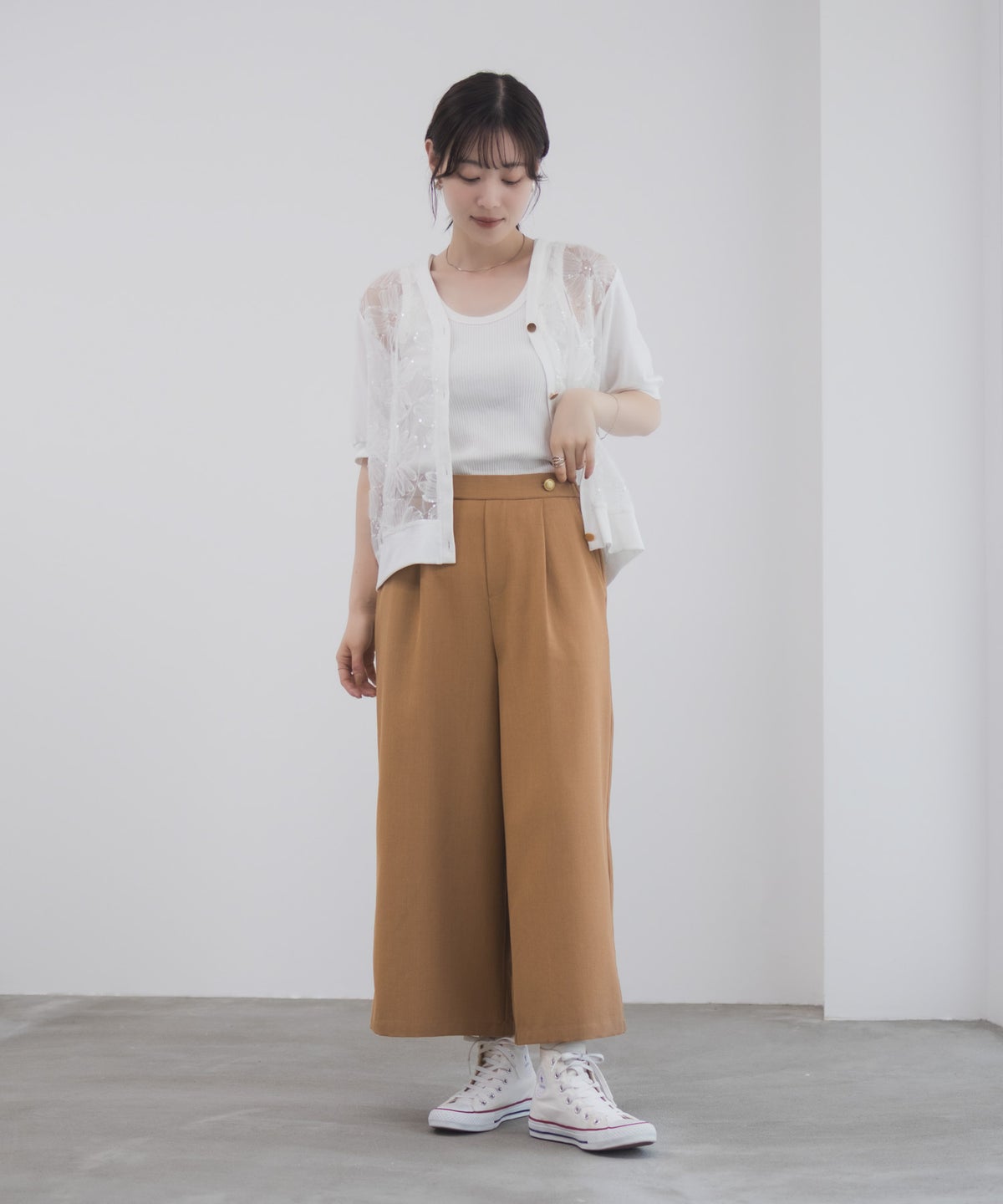 Idnes 釦付きワイドクロップドパンツ レディース