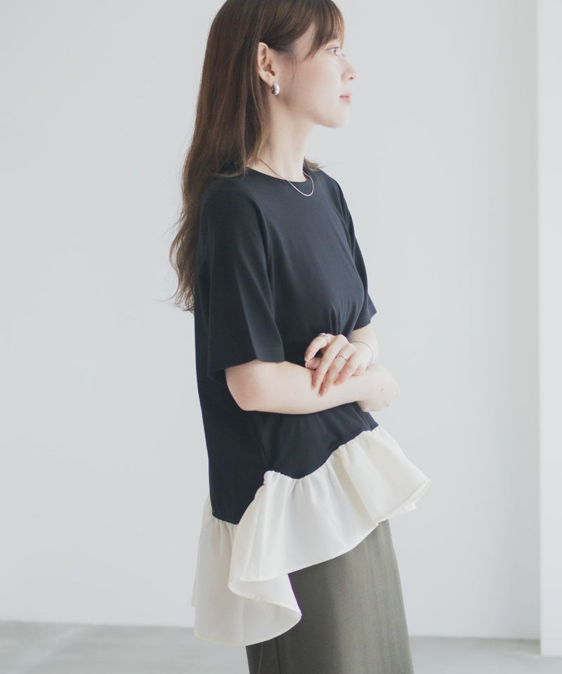 milli de l'air ポンチ素材 ヘム切替ペプラムトップス レディース メール便 対応商品商品画像-8