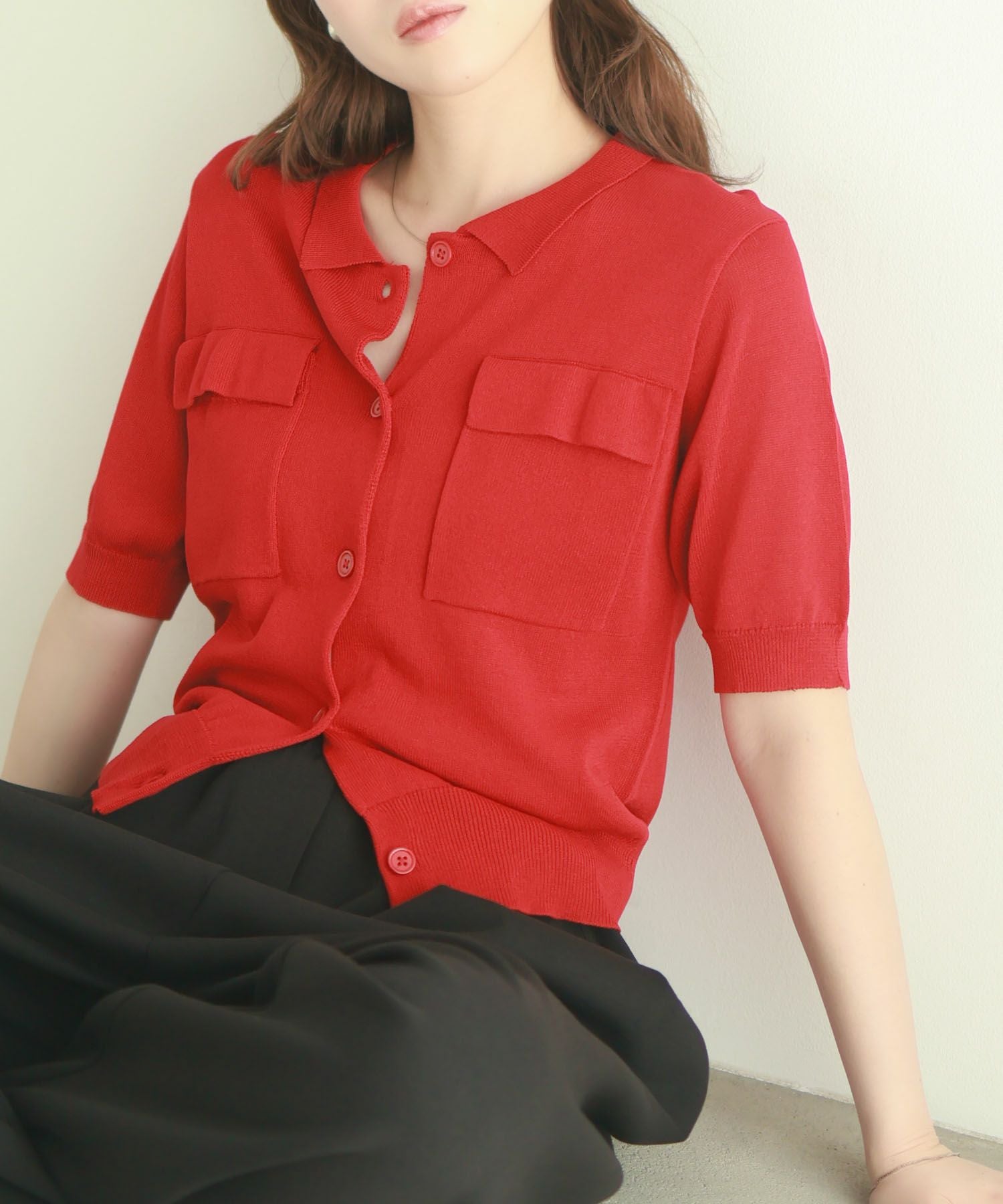新品未使用 DECEMBERMAY ロゴニット 赤 レディース Mサイズ milli de l'air ポロカラーダブルポケットニット レディース