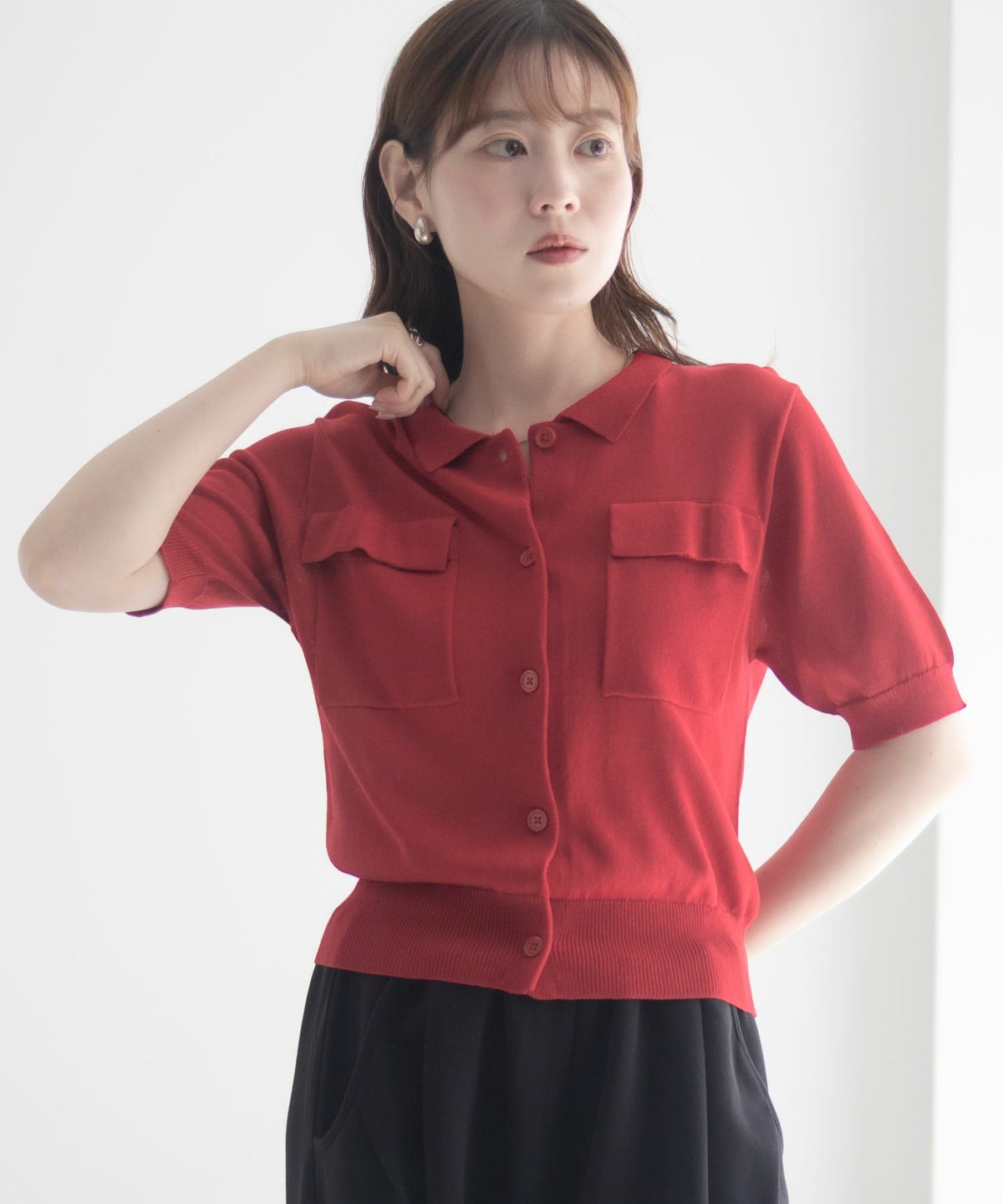milli de l'air ポロカラーダブルポケットニット レディース