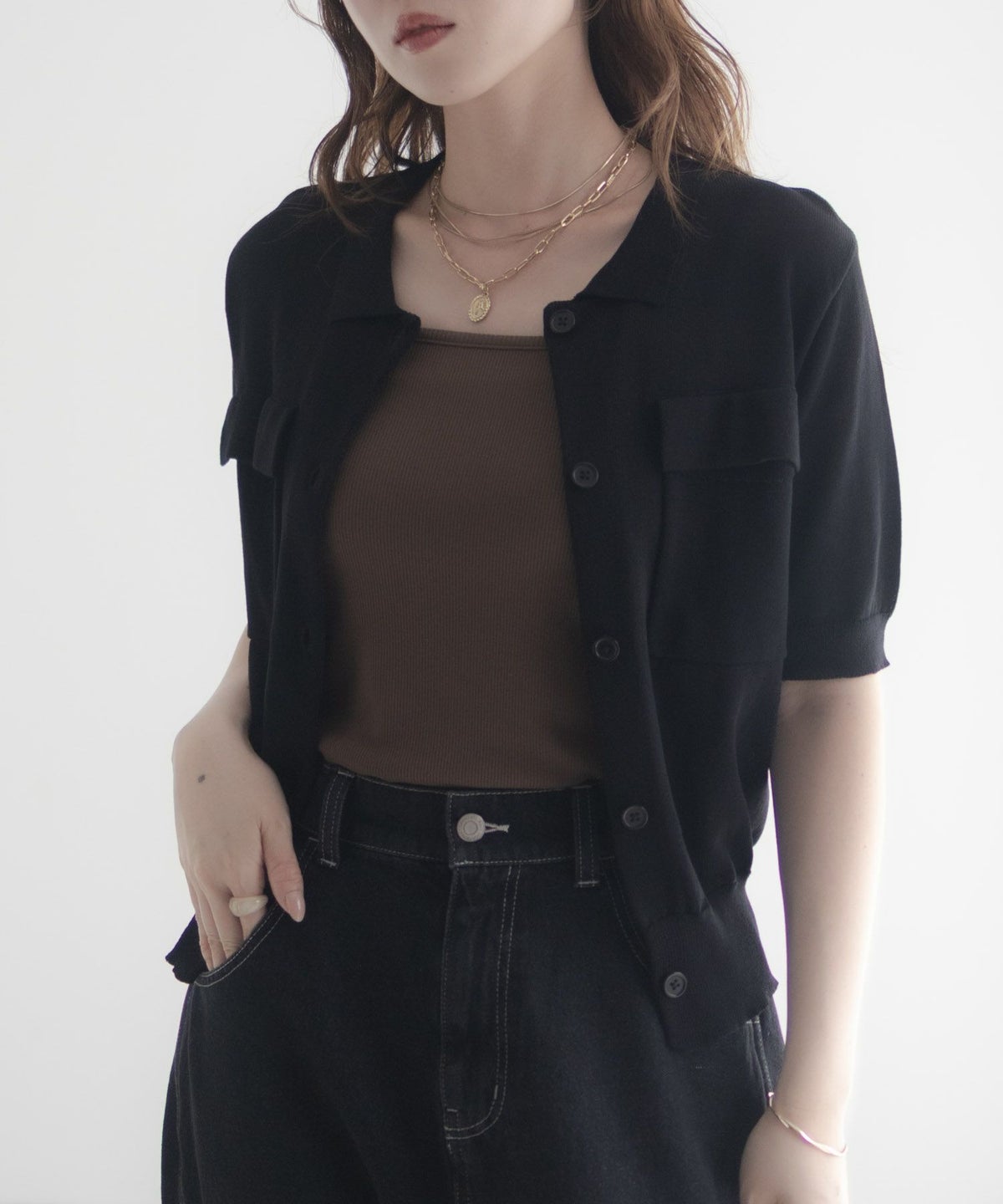 milli de l'air ポロカラーダブルポケットニット レディース