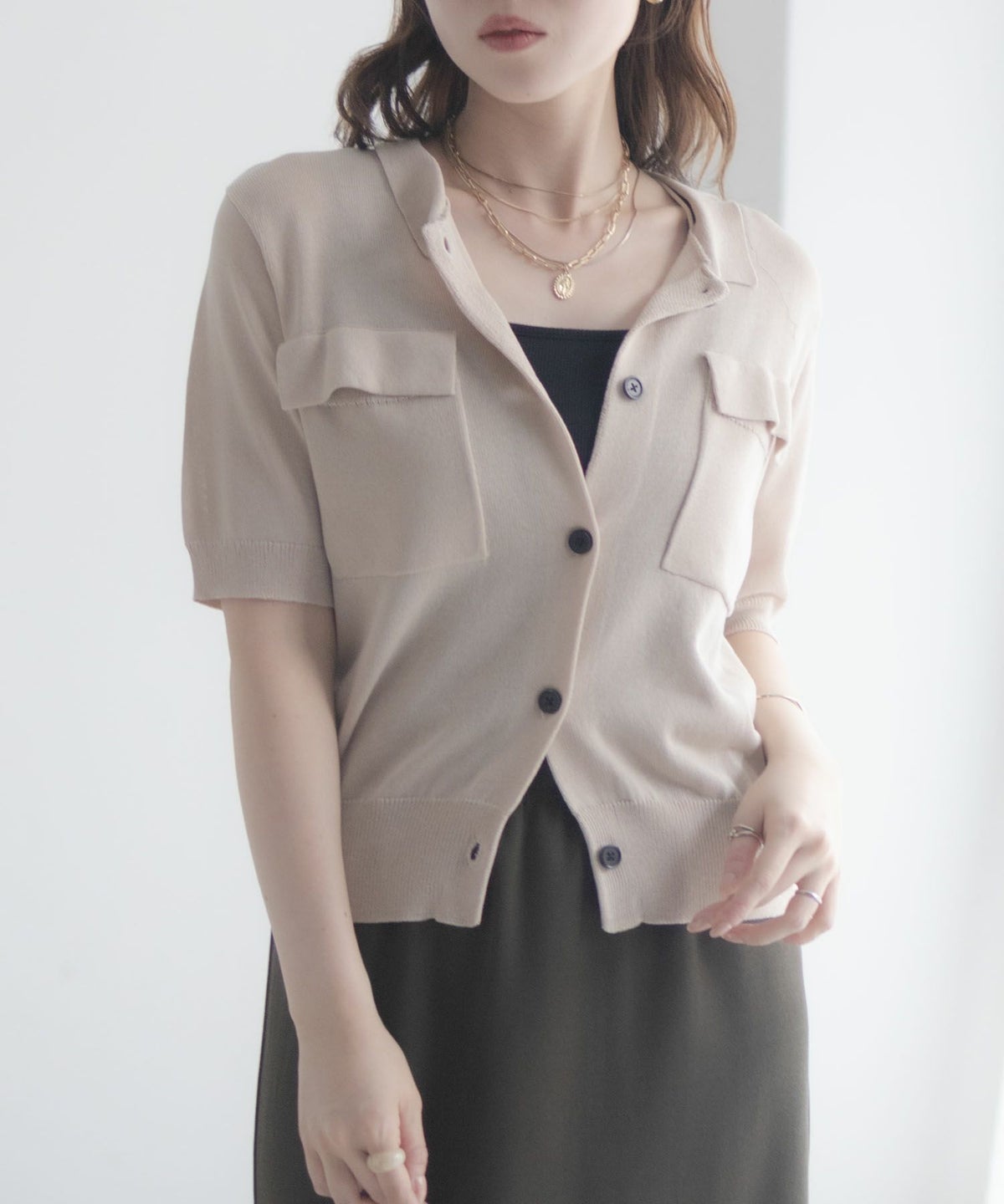 milli de l'air ポロカラーダブルポケットニット レディース