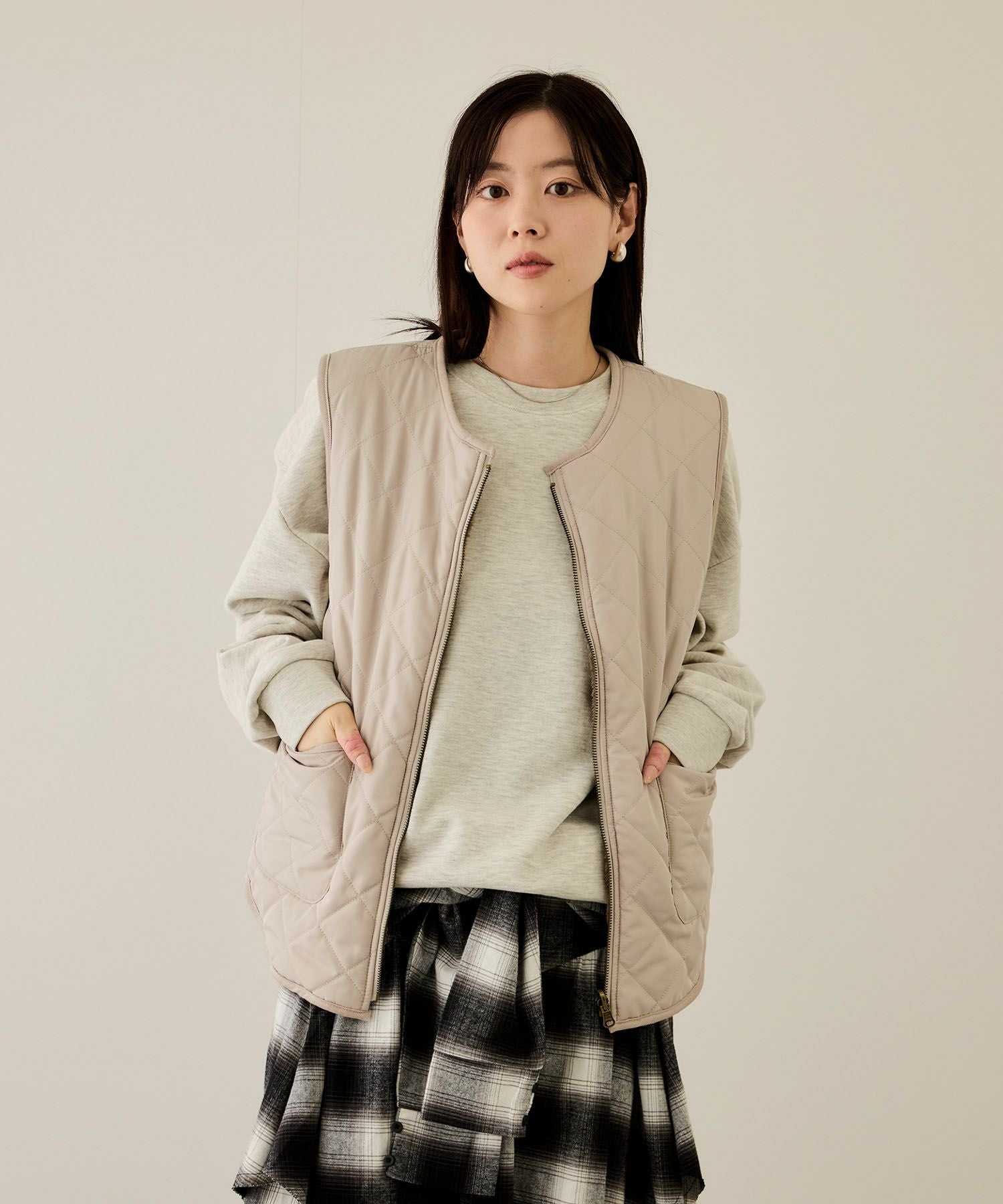 NAVY ボア×タフタリバーシブルベスト レディース