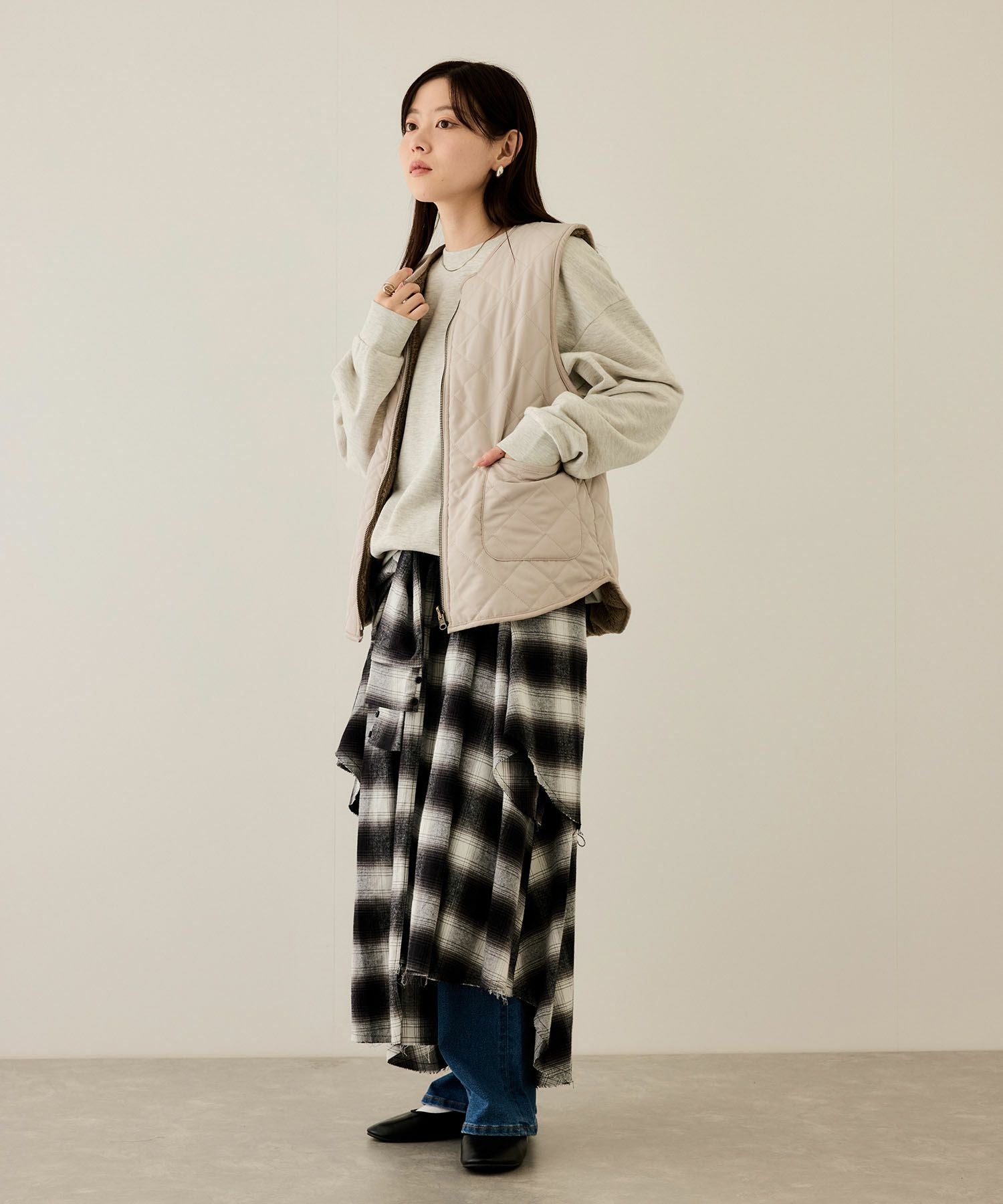 NAVY ボア×タフタリバーシブルベスト レディース