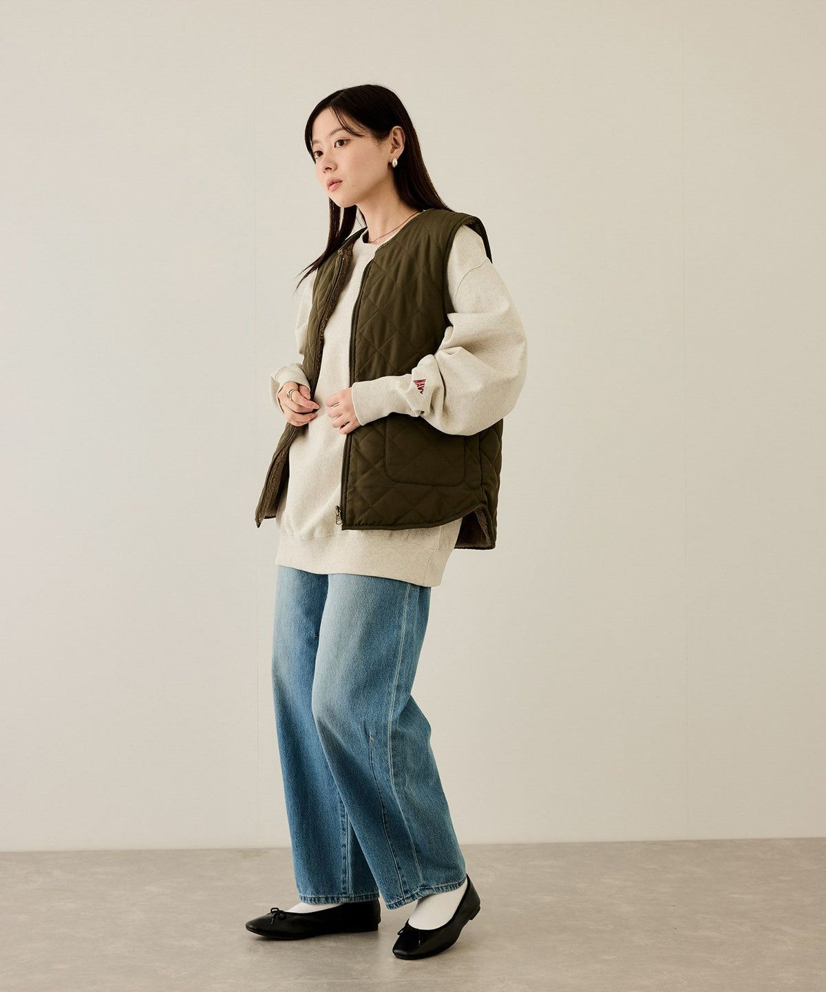 NAVY ボア×タフタリバーシブルベスト レディース