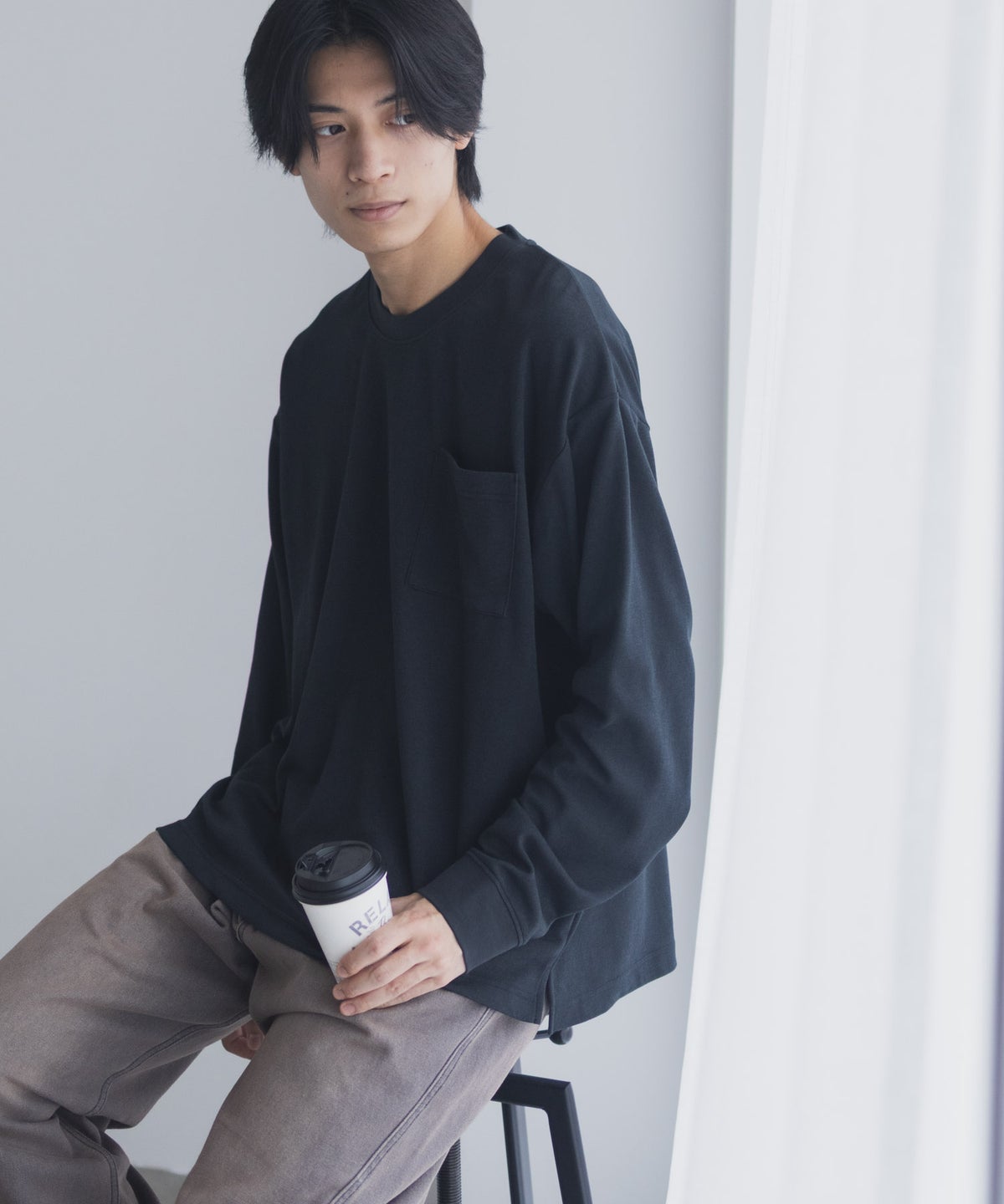 NAVY タフラク ポンチ素材ポケツキ長袖Tシャツ メンズ