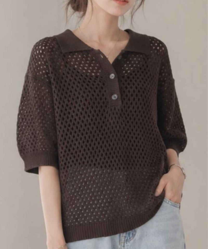 Idnes メッシュニットポロシャツ レディース商品画像-1