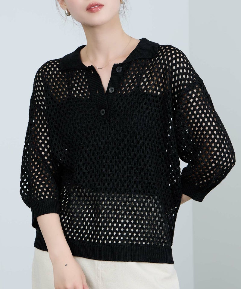[期間限定knit]Idnes  メッシュニットポロシャツ レディース商品画像-1