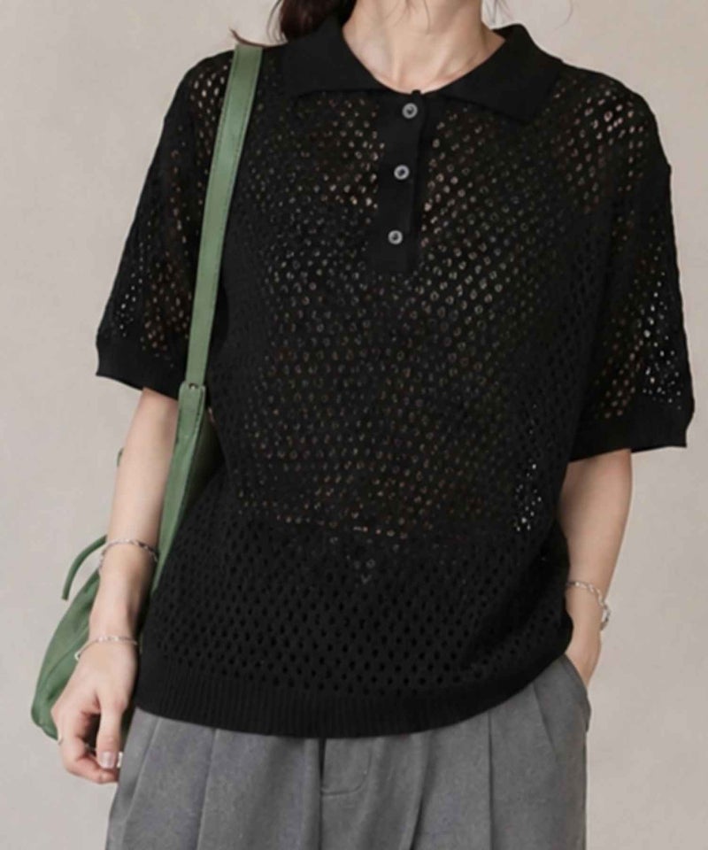 Idnes メッシュニットポロシャツ レディース商品画像-2