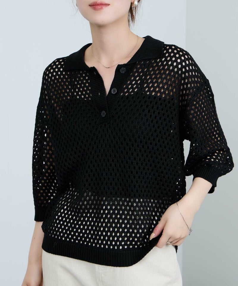 [期間限定knit]Idnes  メッシュニットポロシャツ レディース商品画像-4