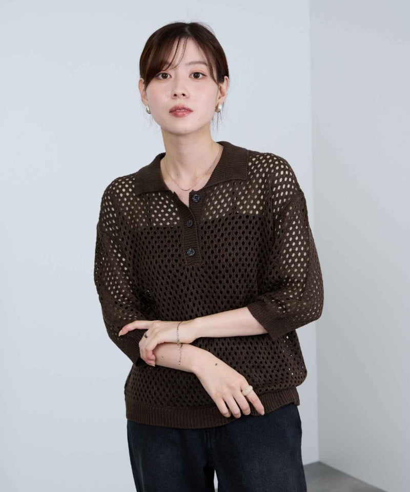 Idnes メッシュニットポロシャツ レディース商品画像-5